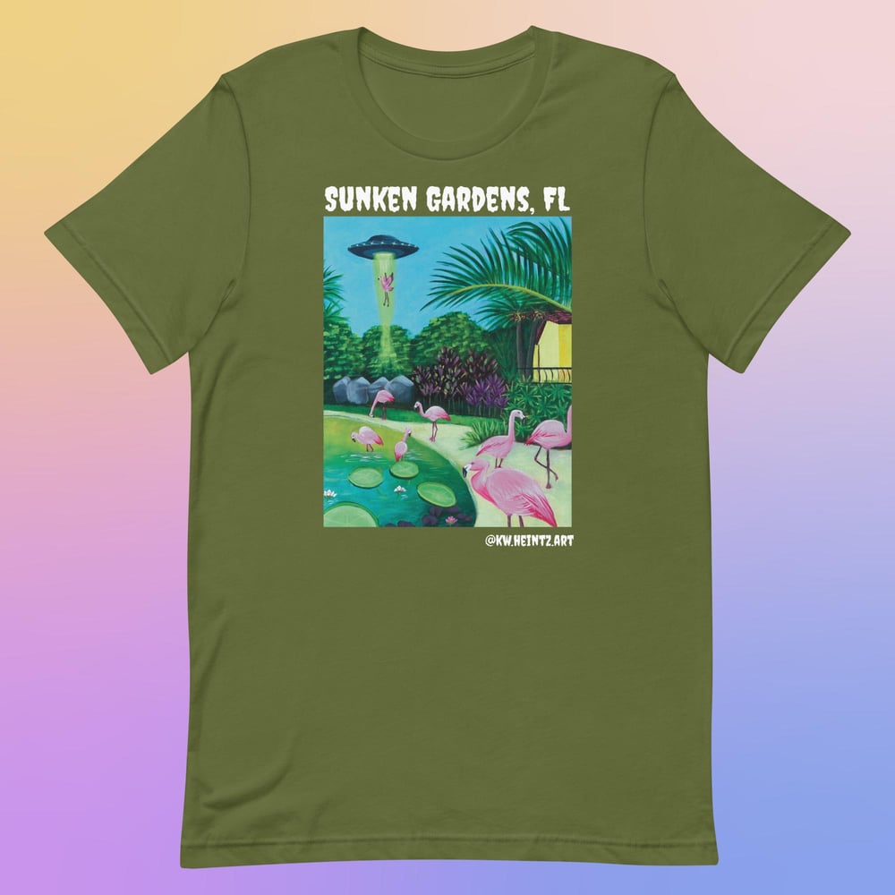 Image of Weird Florida Local Art Shirt | Sunken Gardens, FL Flamingo Alien Abduction Shirt