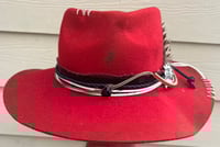 Image 1 of Handmade Red Torch Burned Fedora Hat Band Red Layered & Feathers