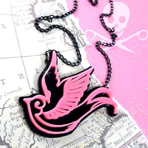 Image of TATTOO STYLE SPARROW - Laser Cut Acrylic Necklace In Pink And Black