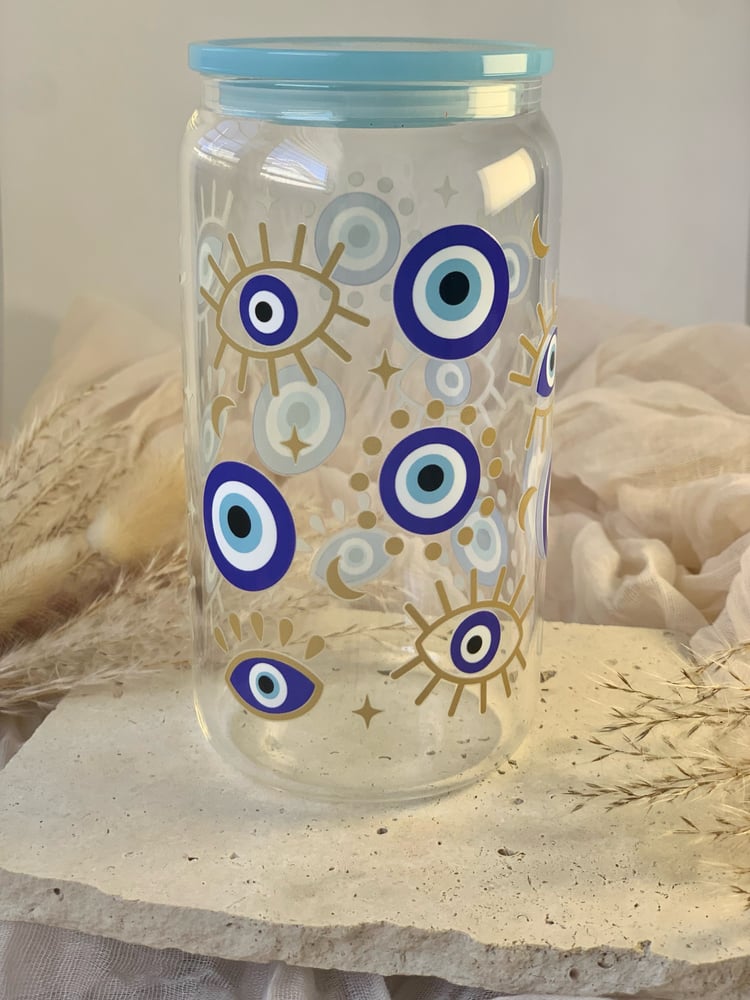 Image of Glass Can Cup Evil Eye Blue 