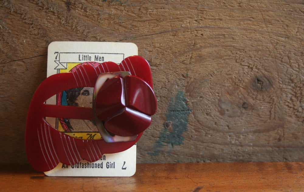 Image of Vintage buckle and button brooch - red wine bakelite