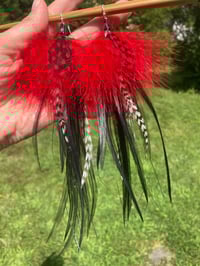 Image 3 of Feather Earrings, Festival Earrings, Colorful Dangle Earrings, Feather Drop Earrings Red Black White