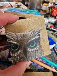 Image 2 of Blue Eyes Owl on Gold magnet. Original Painting on Square 2.75" Canvas Strong hold