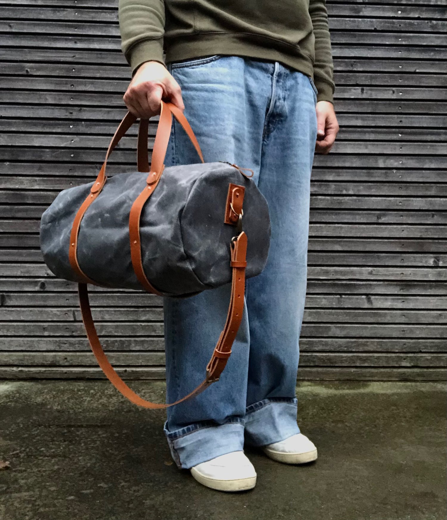 Image of Barrel bag, gym bag made in waxed canvas