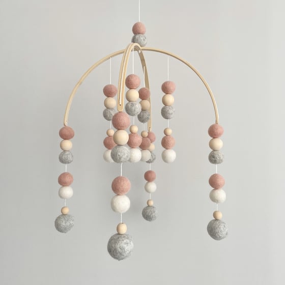 Image of Felt Ball Mobile - Pink, Grey, White & Wood
