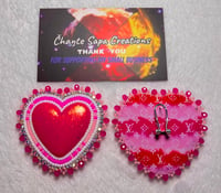 Image 1 of Hand Painted/Polished Hot Pink Heart Beaded Earrings 