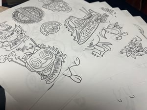 Image of 8”x10”  Disney Tik Inspired (Mixed) Travel Tattoo Flash 02 Std Cardstock 10 Sheet Set w/ Lines