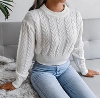 Image 1 of Crop Cable Knit White Sweater