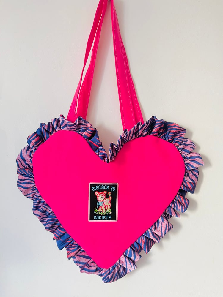 Image of 💖 Hot Pink Heart Bag with Pink & Purple Zebra Ruffle – “Menace to Society” Y2K Tote 💖