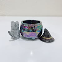 Image 9 of Glow in dark gray tabby cat in witch brew cauldron ceramic keepsake (rainbow effect)