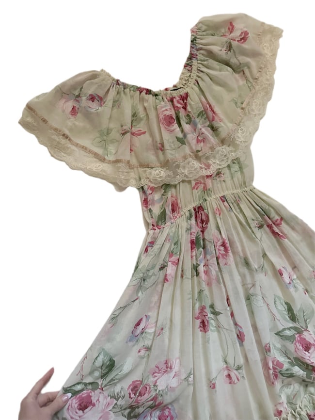 70s floral voile off shoulder dress
