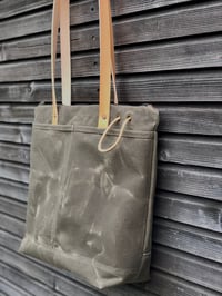 Image 2 of Tote bag made in waxed canvas with vegtable tanned leather shoulder straps