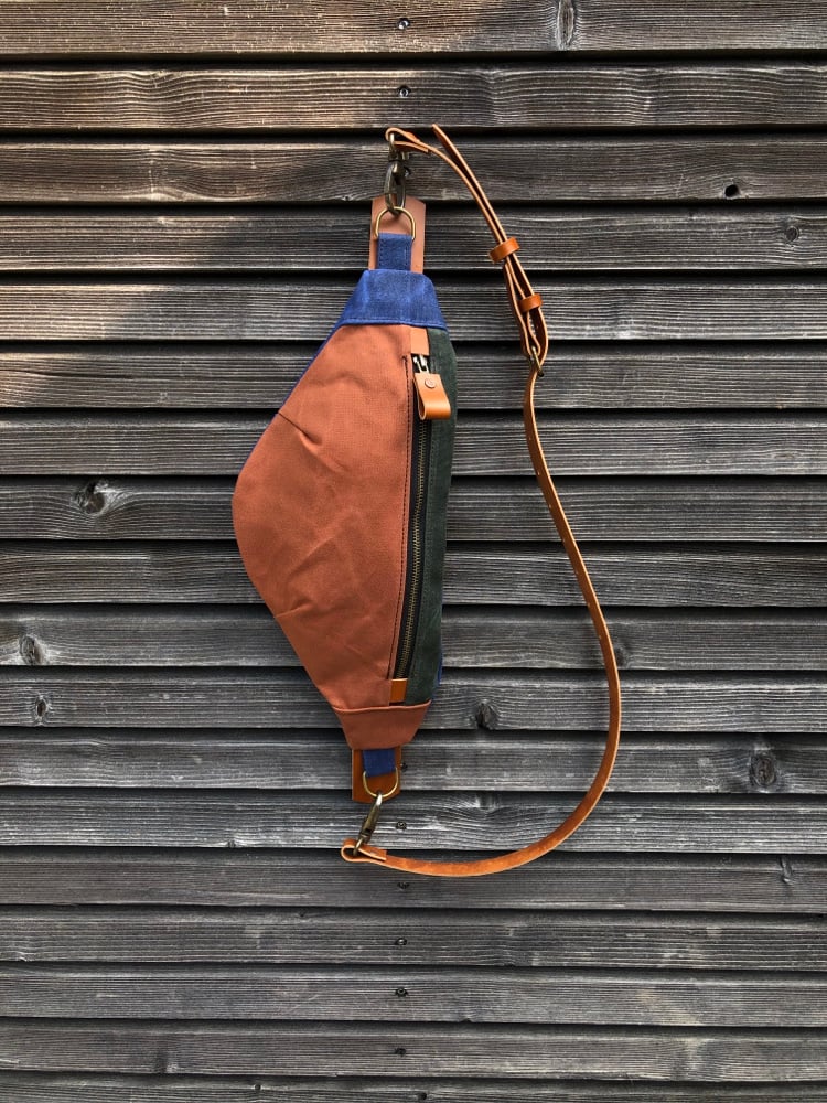 Image of Fanny pack in waxed canvas / sling bag / chest bag / day bag/ with leather shoulder strap