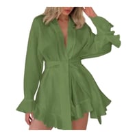 Image 6 of White Long Sleeve Pajama Nightgown with Tie Waist and V-Neckline for Loungewear and Nightwear