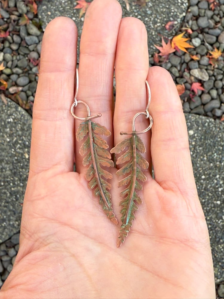 Image of Green Patina Copper Autumn Fern Dangle Earrings