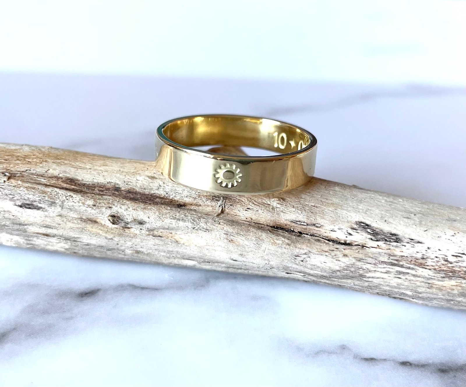 Celestial 18ct Gold Wedding Ring Sun Stamp Detail. Sunshine Gold Wedding Band Stamped