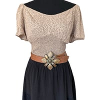 Image 1 of Cropped Flutter Sleeve Smocked Tan Polka Dot Top - Size L