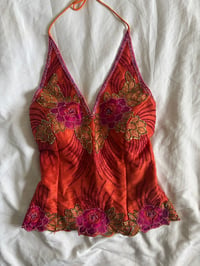Image 1 of Vintage Y2K Aftershock style silk orange and pink beaded and sequin halter neck corset style top 