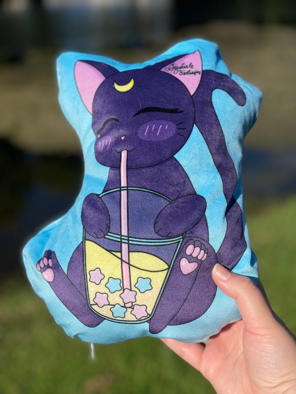 Image of Black Kitty Drinking Boba Plush Pillow & Acrylic Keychain