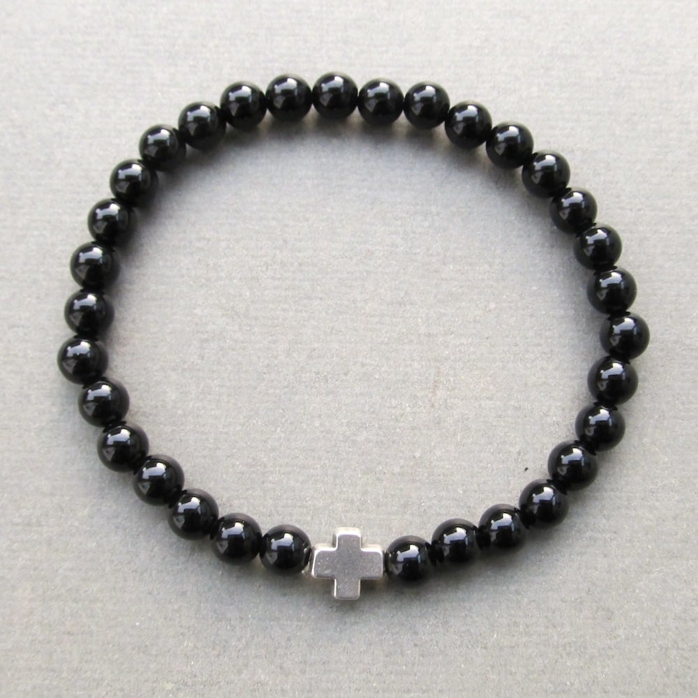 Image of Black Agate And Cross Beaded Bracelet