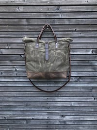 Image 3 of Waxed canvas roll top tote bag / office bag with luggage handle attachment leather handles and shoul