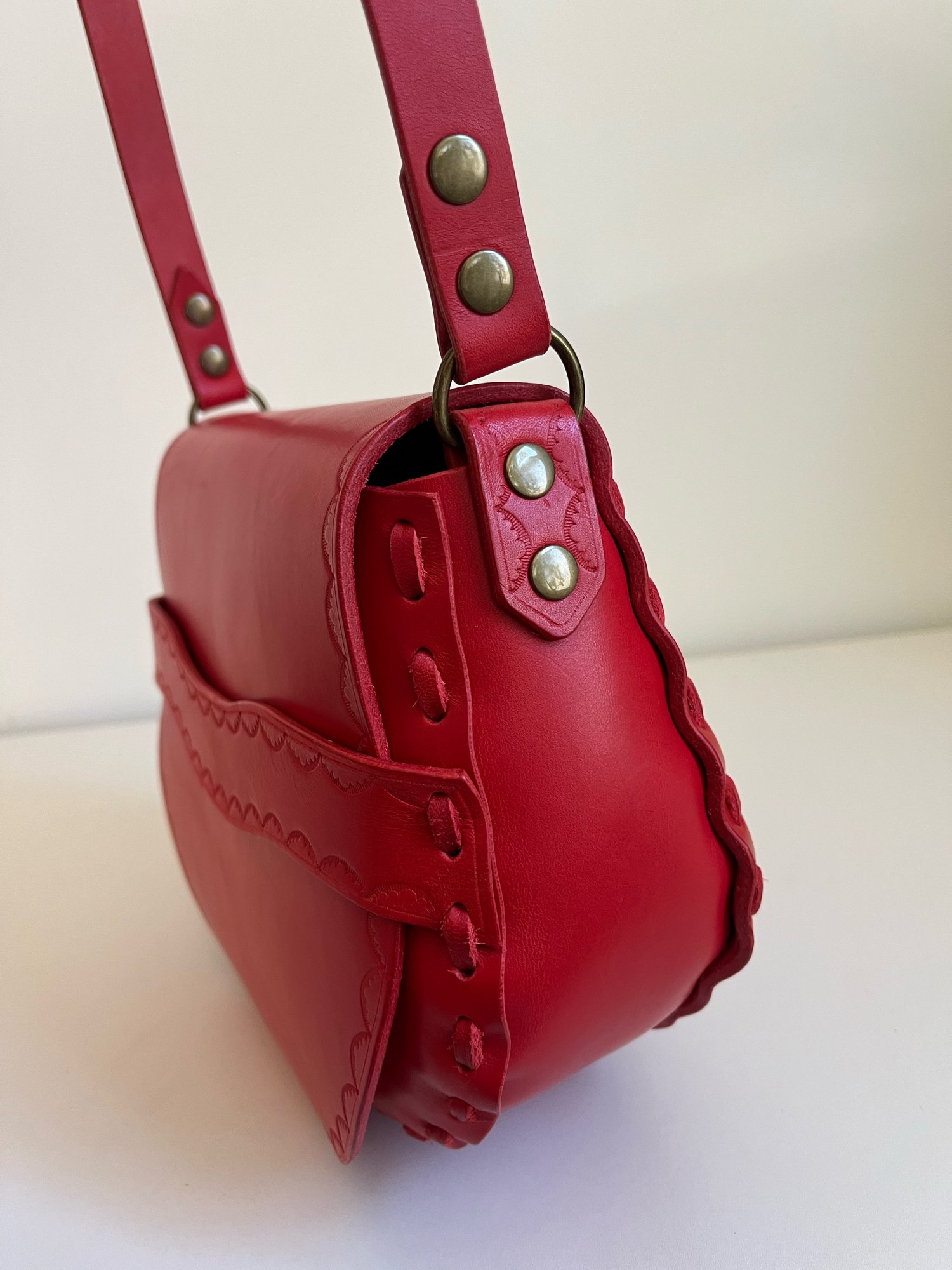 Image of Candy Apple Red Vachetta Crossbody Saddle Bag