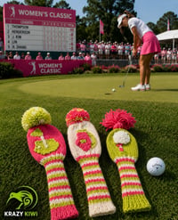 Image 2 of Preppy pink lime embroidered handknit GOLF Club Covers choice of design