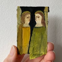 Two angels in gold and green - tiny painting 