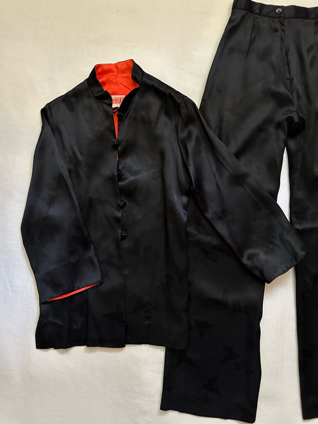 70s satin jacquard trouser set, red lining and hummingbird jacquard 