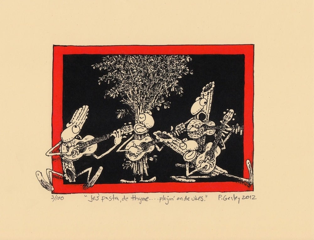 Image of "Jes' Pasta, de Thyme, playin' on de Ukes."