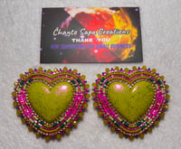 Image 1 of Hand Polished Light Green Heart Beaded Earrings 