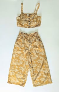 Image 1 of American Eagle Two-Piece Mustard Palm Print Crop Top & Wide Leg Crop Pants Set