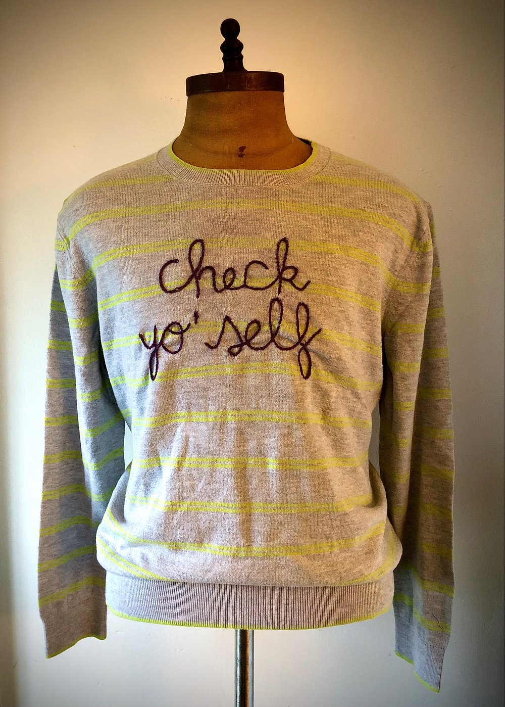 Gently pre-owned “Check Yo’self” hand-embroidered sweater