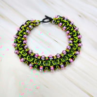 Image 2 of Neon Watermelon Beaded Gridlock Byzantine Bracelet
