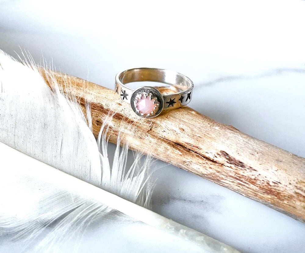 Handmade Steing Silver Celestial Starry Pink Opal Ring 925
