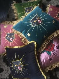 Image 4 of teal Velvet Black Cat Mini Cushion copy