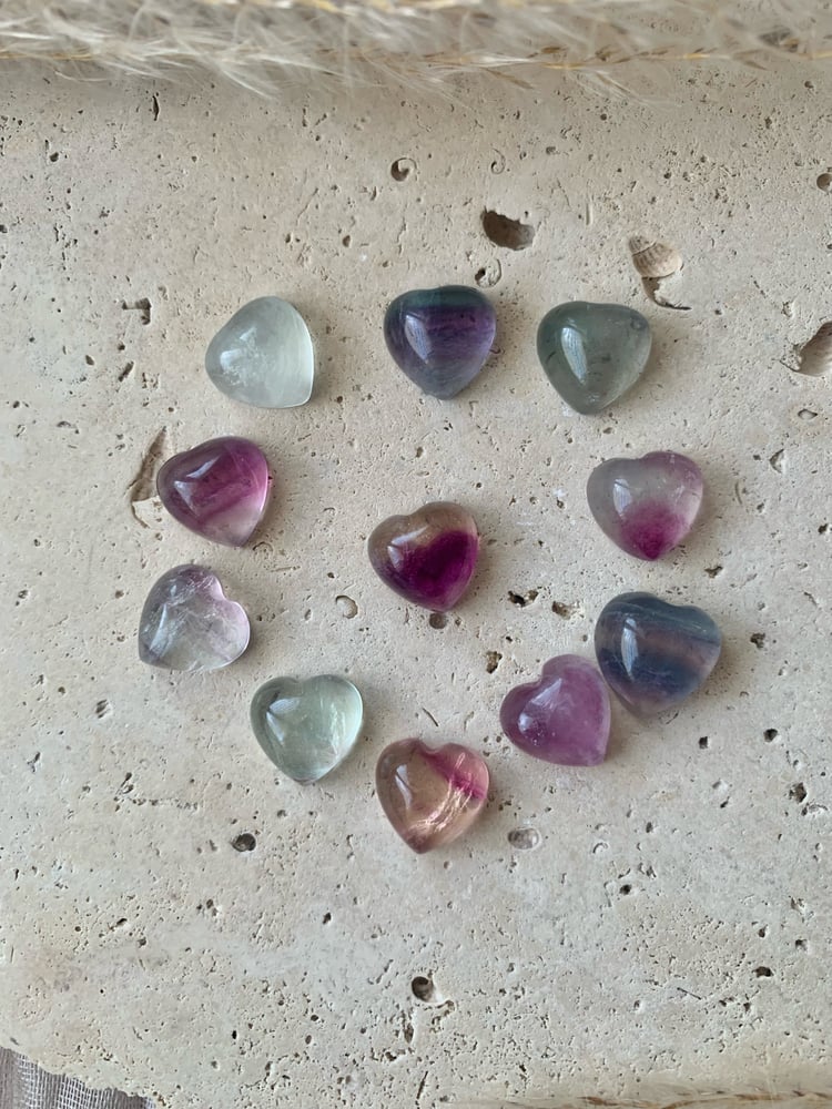 Image of Mini Rainbow Fluorite Heart Carvings (intuitively selected)