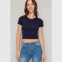 Image 3 of Crew Neck Short Sleeve CottonCrop Top Navy 