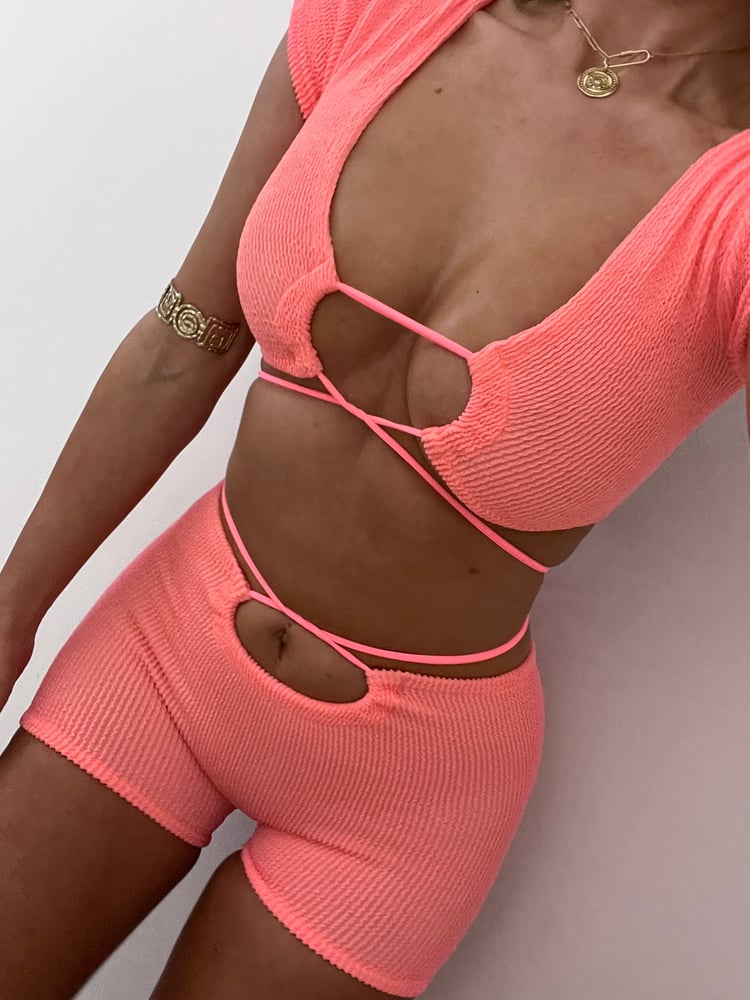 Image of Peach Crinkle Strappy Wrap Ties Shorts Co-Ord