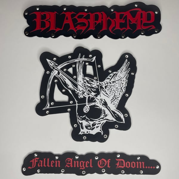 Image of *BLACK* Blasphemy - Fallen Angel Of Doom Carved Faux Leather Back Patch With 45 Studs Attached