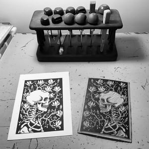 Skeleton And Magnolias Linocut Print