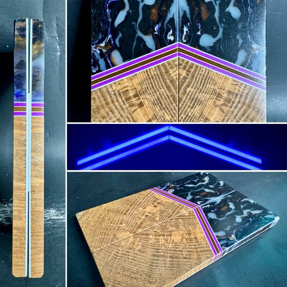Image of @Kaoticartworks Resin & Crosscut Spalted Ash GLOW Segmented Knife Scales