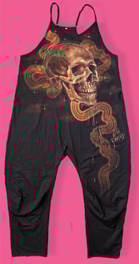 Image 1 of “GIVE ME YOUR SKULL” CUSTOM BLEACH PAINTED BAGGY ROMPER LARGE 