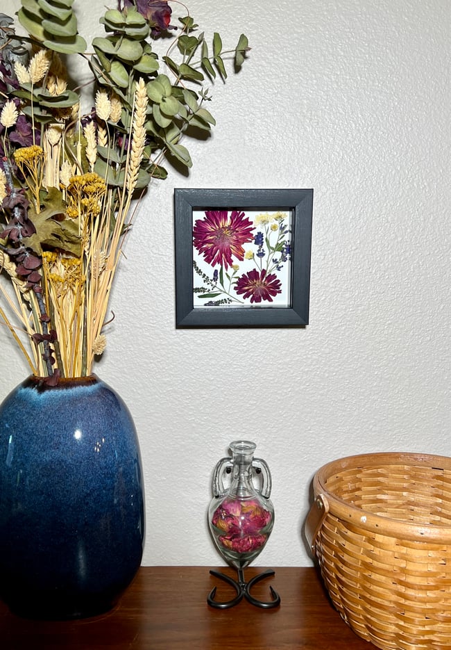 Zinnia, Mum, Lavender & Butterfly Bush - Wildflower Art In 6" X 6" Shadow Box (Item# 202303S)