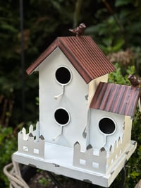 Image 3 of Two Storey White Garden Birdhouse on Stake