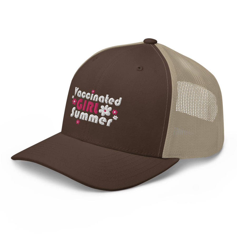 Image of "Vaccinated Girl Summer" Trucker Hat (pink/white text)
