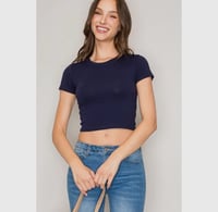 Image 1 of Crew Neck Short Sleeve CottonCrop Top Navy 