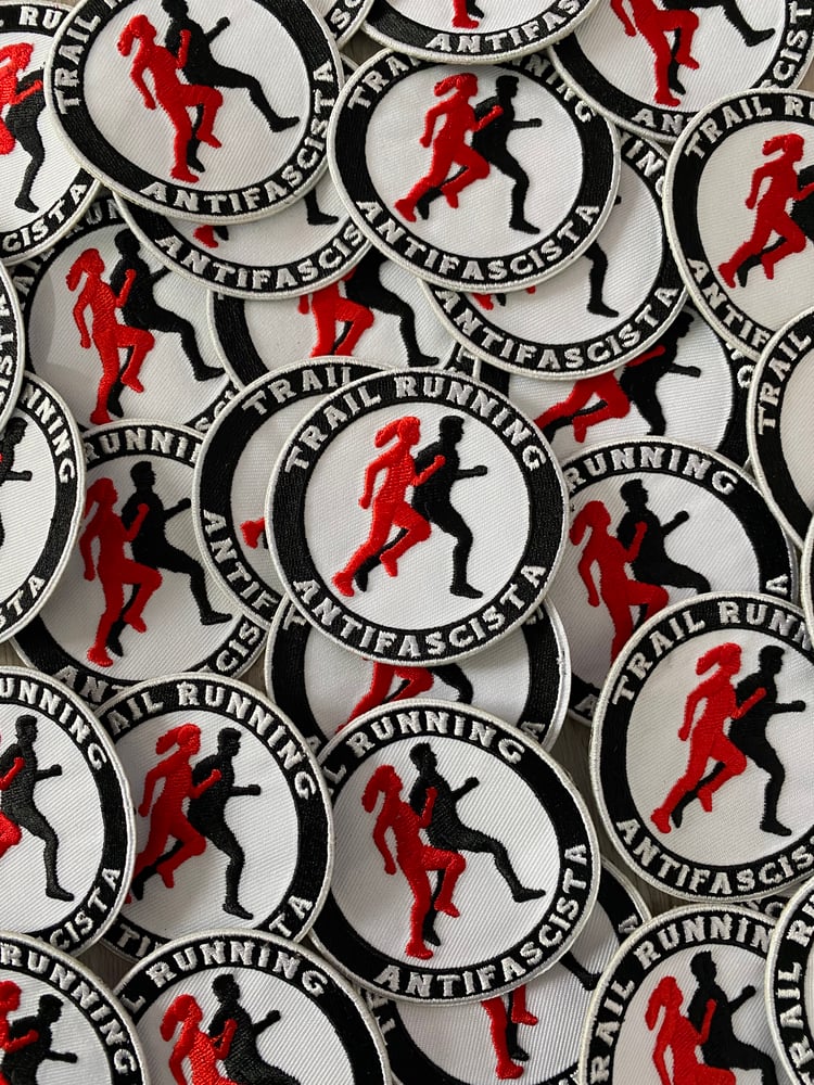Image of Trail Running Antifa. Embroidered patch + sticker