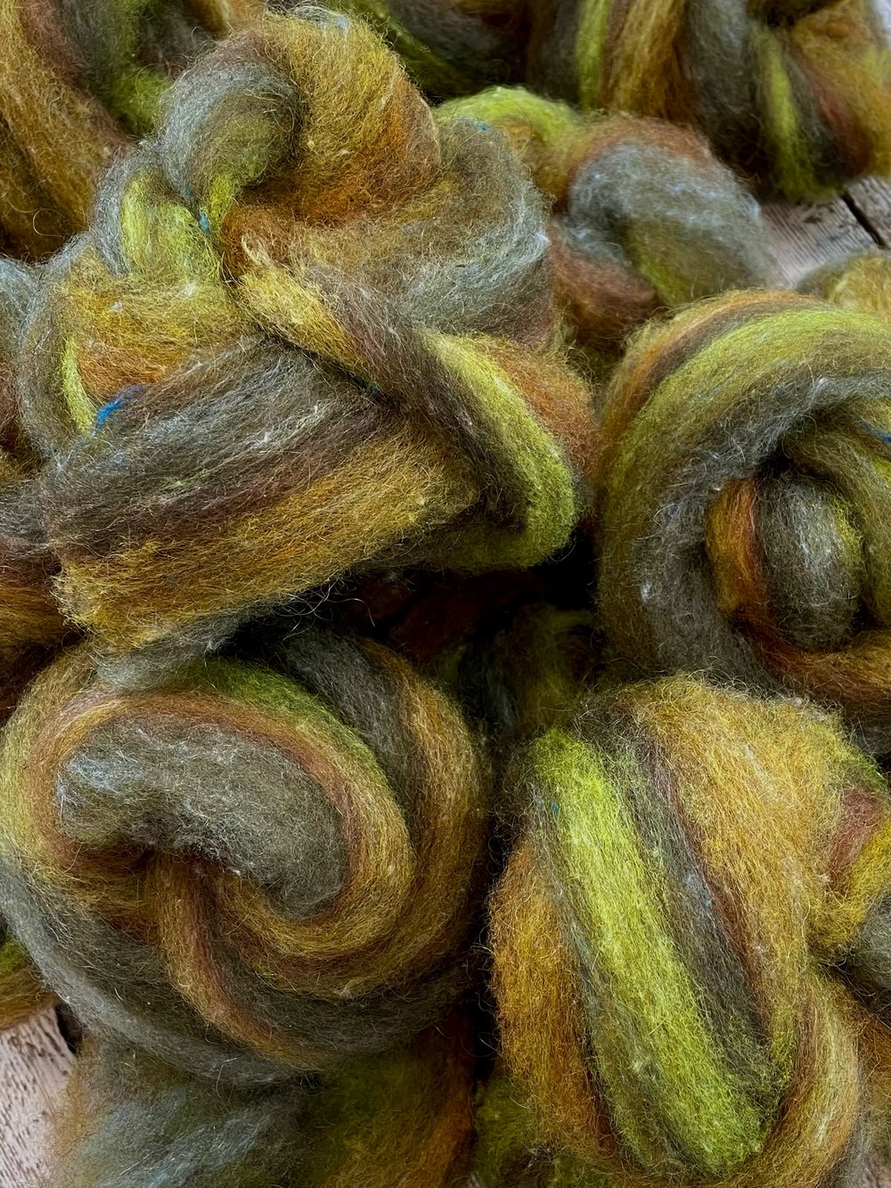 4 oz. • Bitter Herb Sock blend roving: on, 80% Dorset Horn, 10% Kid Mohair, 10% silk