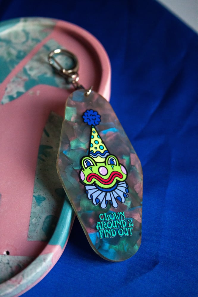 Image of Clown Around Frog Grey Pearl Motel Key Tag